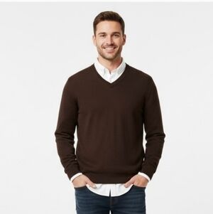 GAP 100% Italian Merino Wool XL Men's V-Neck Sweater in Dark Brown Soft Preppy